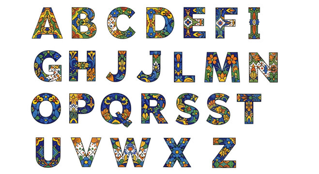 Decorative Alphabet Letters with Mosaic Pattern, Graphic Design Element, Copy Space
