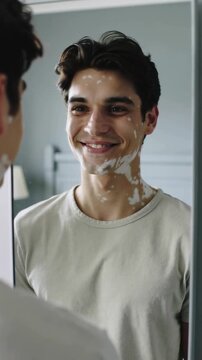 Young man with vitiligo skin condition smiling at reflection in mirror, interior, medium shot