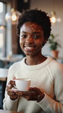 Young Black woman with vitiligo holding white coffee cup in cafe interior, medium shot