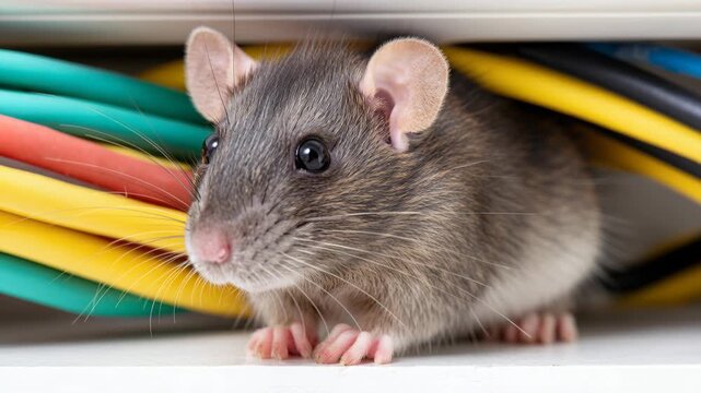 A brown rat sits among colorful electrical wires in a crawl space, looking at the camera.