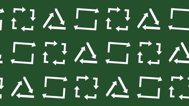 Seamless pattern of white recycling and cycle arrows on green screen background animation. Minimalist sustainability wallpaper with repeating triangle and square arrow icons for environmental concept.