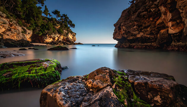 Tranquil sea cove with calm, silky water flowing between rocky shores covered in vibrant green moss and barnacles, evening light.