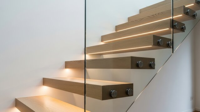 Modern floating wooden stairs with glass railing and integrated lighting.