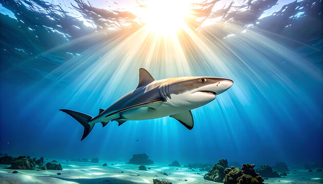 Pixelated great white shark swims in bright sunlit ocean water with coral reef below, digital art style