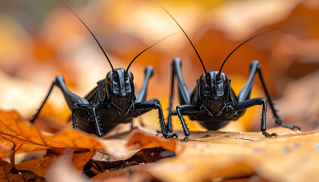 Two detailed black crickets on vibrant autumn leaves in a forest setting, macro photography, natural environment, warm golden light