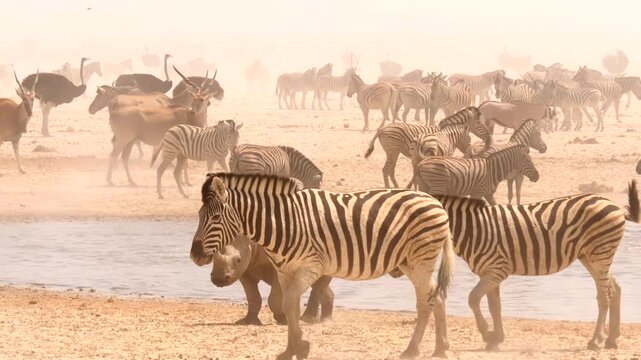african animals and white rhino at desert waterhole during increasing sandstorm 454