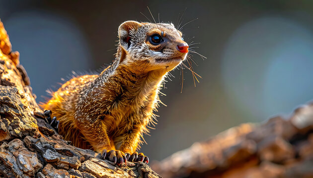 Small banded mongoose perched on a textured tree branch, its fur dusted with white particles, in a golden hour sunlight, close-up side profile
