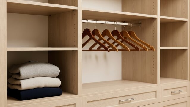 An organized wooden closet with folded sweaters and empty hangers.