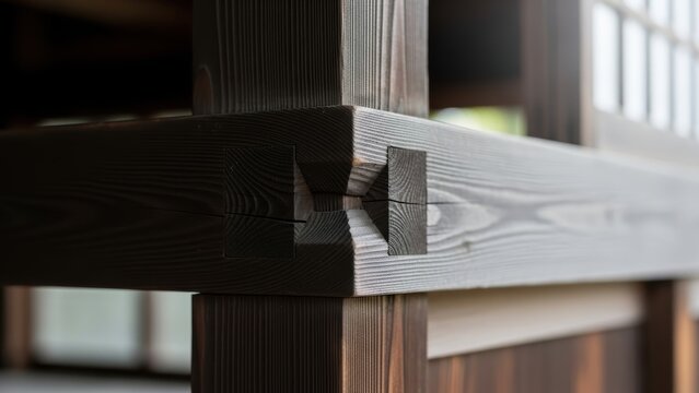 A detailed shot of an intricate Japanese wood joinery technique.