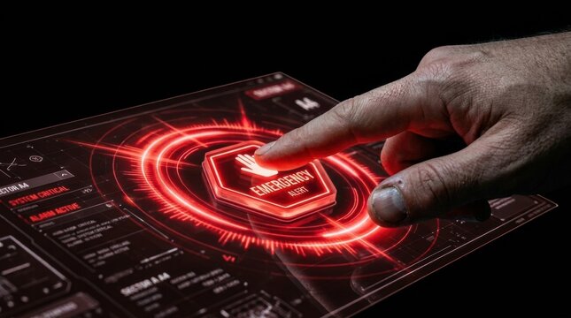 A hand is seen pressing a glowing red button on a holographic screen showing an emergency alert.