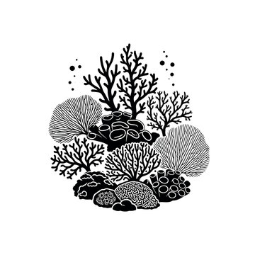 Black and white coral reef illustration.