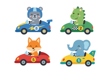 Obraz premium Cute Animals Driving Racing Cars Collection, Fox, Elephant, Dinosaur and Bear in Colorful Vehicles, Flat Vector Character Design for Children