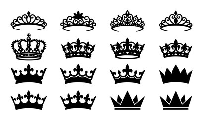 Ornate royal crown silhouette vector set with king coronet queen tiara and heraldic insignia luxury symbols collection © HoriProshad