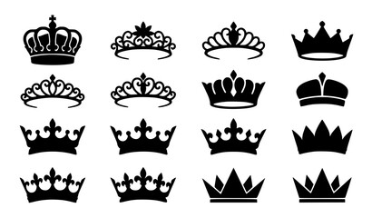 Minimal royal crown silhouette icons set with king queen tiara and luxury coronet modern vector collection © HoriProshad
