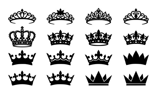 Ornate royal crown silhouette vector set with king coronet queen tiara and heraldic insignia luxury symbols collection