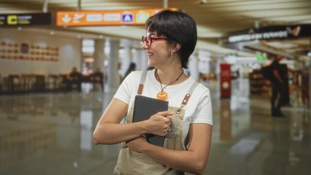 Woman wearing apron holds tablet to chest, smiling and hugging with bare forearms visible in airport; contentment.