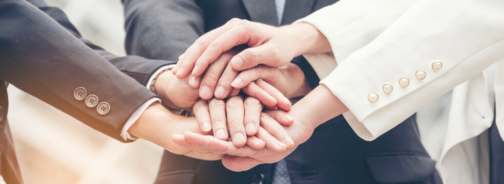 Banner Mission partner hand stack together. Business corporate team building Social Gathering teamwork. Green Business Support Mission strategy holding hand together. Leader Mission team copy space