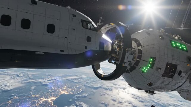 Two advanced spacecraft modules, a sleek white capsule and a larger station equipped with illuminated segments, gently align for docking maneuvers amidst the expansive, star-speckled cosmos