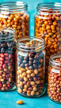 Glass jars containing a variety of legumes (eg black beans, kidney beans, pinto beans), healthy, kitchen