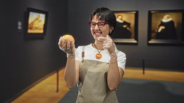 Woman wearing apron holds a wrapped orange with gloved hands and smiles inside a museum building while short hair frames her face; joyful care.