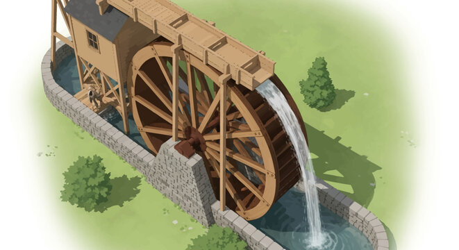 High-angle overhead view of a historical wooden watermill featuring a large overshot wheel with falling water, a stone retaining wall, and a timber millhouse on a green lawn.