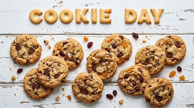 Chocolate chip cookies with dried fruit on white rustic wooden background with text made of alphabet biscuits