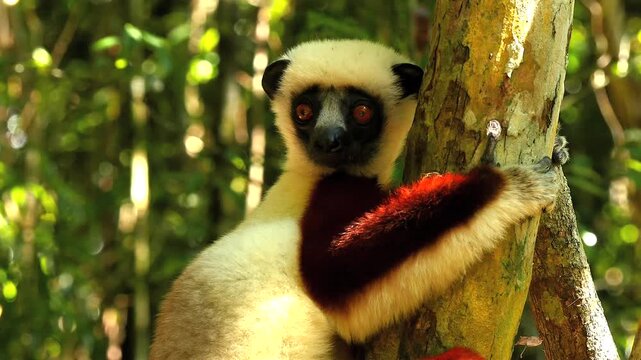 Coquerel-sifaka clinging to a tree, looks around curiously, portrait 3