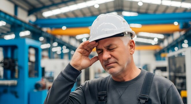 Stressed mature factory worker suffering from a headache at the industrial plant.