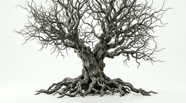 Intricate Ancient Dead Tree with Gnarled Roots and Branches Against a White Background