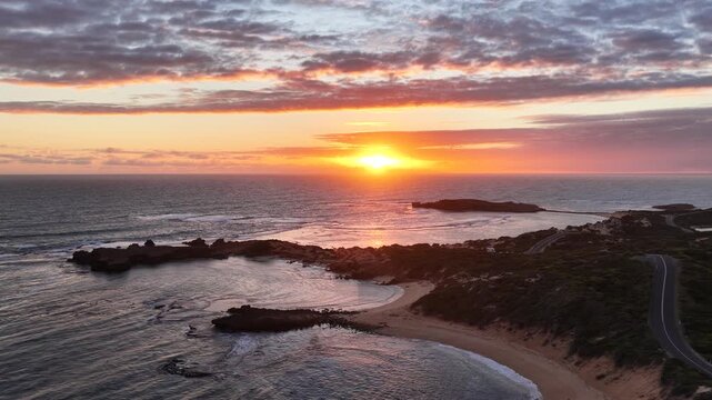 Beachport, South Australia at sunset: 4K aerial drone footage of coastal town, Bowman Beach, Pool of Siloam, Post Office Rock and coastal townscape