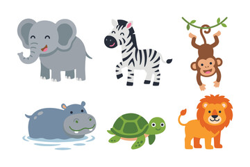 Naklejka premium Cute Safari Animal Character Set, Elephant, Zebra, Monkey, Hippo, Turtle, and Lion, Flat Vector Illustration for Kids Nursery