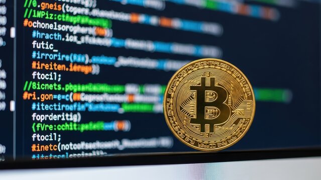 Golden Bitcoin coin against a background of programming code.