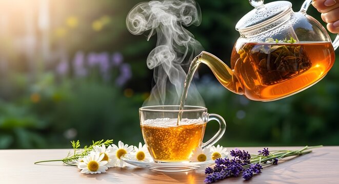 Fresh hot herbal tea pouring from glass teapot into cup with chamomile and lavender.