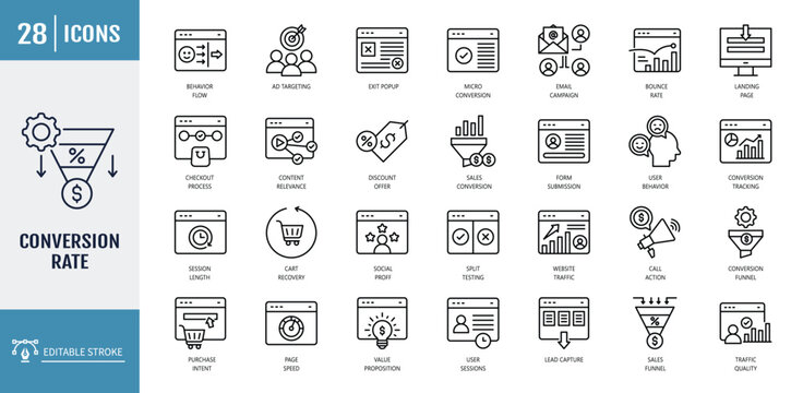 conversioan rate icon set. Including analytics tools, split testing, call to action, traffic quality, user experience, bounce rate, target audience. outline icon set. vector illustration with editable