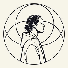 Profile portrait of woman in hooded jacket with geometric circle background © Tawhitul