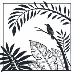Obraz premium Monochrome tropical bird on branch surrounded by lush leaves in square frame