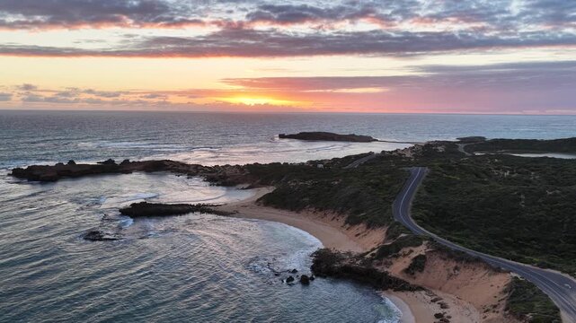 Beachport, South Australia at sunset: 4K aerial drone footage of coastal town, Bowman Beach, Pool of Siloam, Post Office Rock and coastal townscape