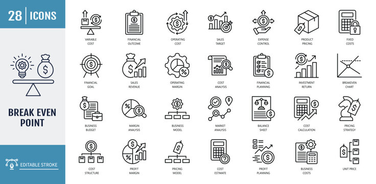 break-even point icon set. Including financial planning, business model, investment return, income statement, cash flow. Outline icon set. Vector illustration with editable stroke