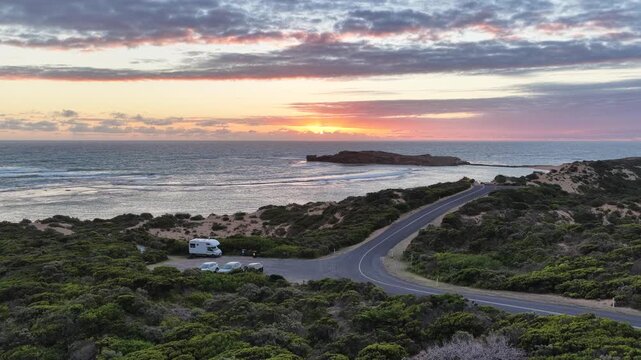 Beachport, South Australia at sunset: 4K aerial drone footage of coastal town, Bowman Beach, Pool of Siloam, Post Office Rock and coastal townscape