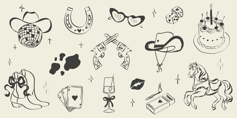Western cowgirl theme with pink cowboy hats, boots and disco ball elements. Hand drawn doodle illustrations for bachelorette parties, horseshoes and retro vibes.
