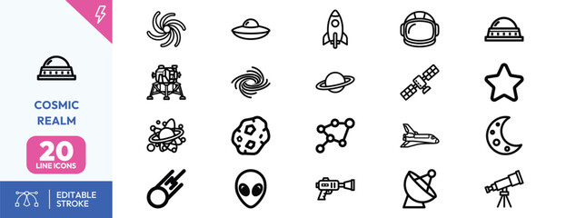 Cosmic realm doodle icons set space objects planets stars rockets comets astronauts UI design style for branding and web © Deezora
