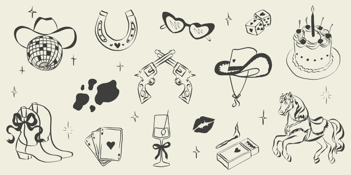 Western cowgirl theme with pink cowboy hats, boots and disco ball elements. Hand drawn doodle illustrations for bachelorette parties, horseshoes and retro vibes.