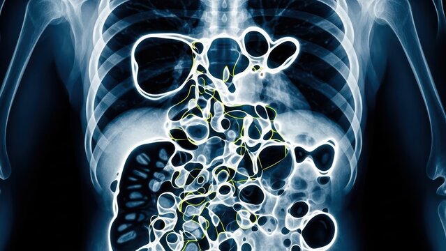 Medical x ray of human anatomy detailing skeletal structure and internal organs