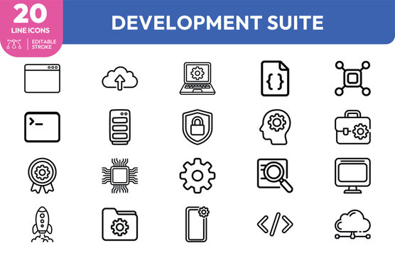 Development tools icons line art set for software engineering and tech branding in modern monochrome style