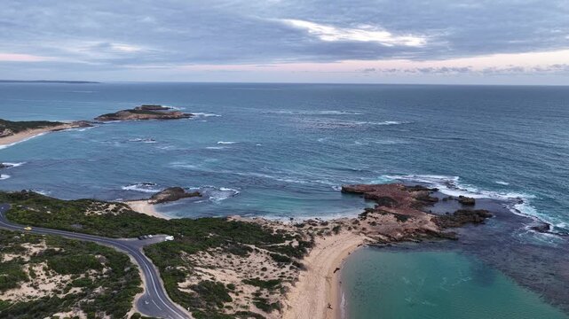 Beachport, South Australia at sunset: 4K aerial drone footage of coastal town, Bowman Beach, Pool of Siloam, Post Office Rock and coastal townscape