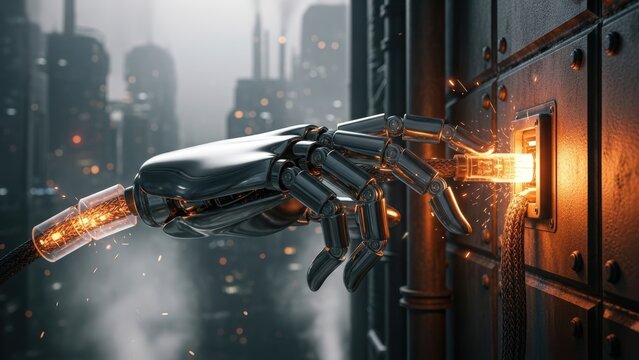 A robot hand plugging a power cable into an industrial socket.