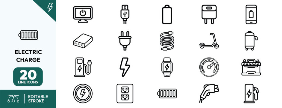 Electric charge icons line art technology symbols for electronics engineering UI design