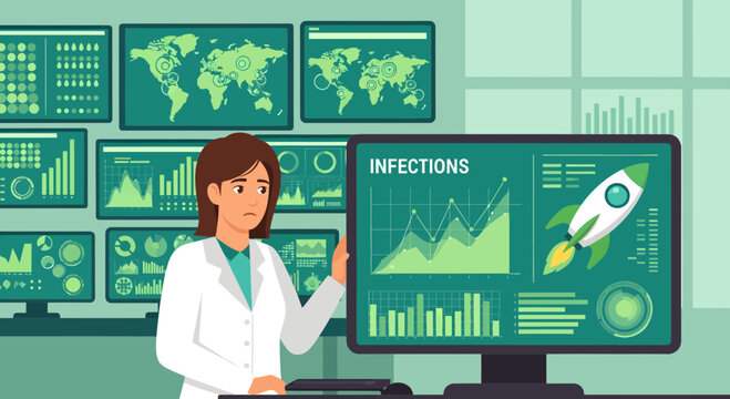 Female scientist in lab coat presenting data.