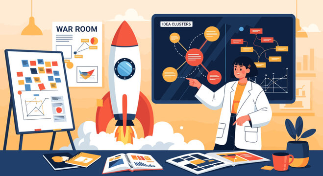 Man in lab coat explaining rocket.