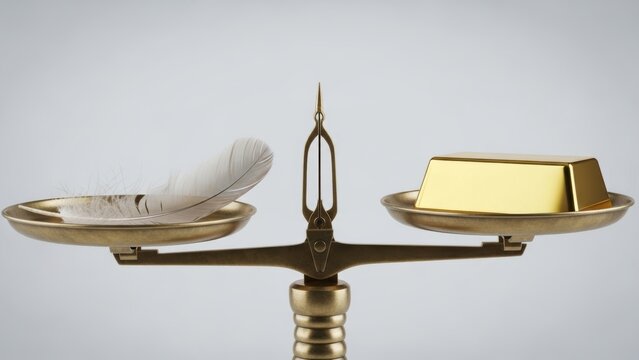 A classic brass scale balancing a light feather and a heavy gold bar.